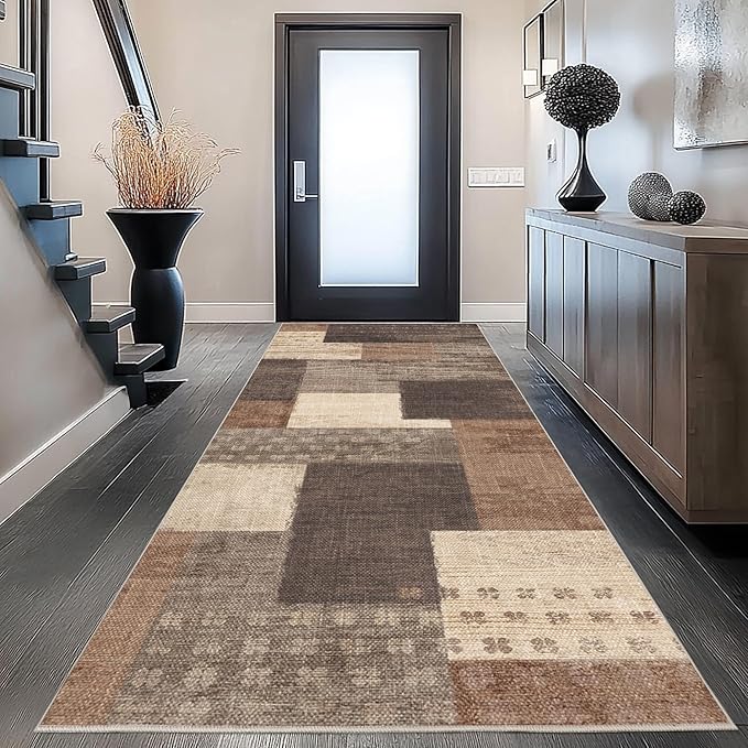Modern Geometric Patchwork Indoor Runner Rug for Living Room, Beige 2'x 6' Large Rug Rockwood Collection Hardwood Floors Decor for Bedroom, Beige Throw Carpet for Office Entryway Dining Room