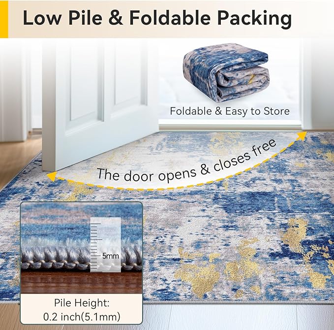 Washable Area Rugs 4'x6' Non-Slip Modern Abstract Soft for Living Room Entryway Bedroom Nursery, Print Pattern, Grey Blue Gold/Golden