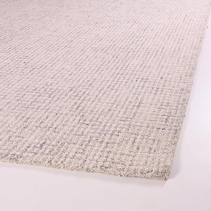 Hand-Tufted 100% Wool Pile Area Rug – Geometric Textured Grid Check Pattern – Thick and Durable Floor Carpet for Bedroom, Living Room, Kids Room, and Dining Area (Ivory Grey, 10' x 10')
