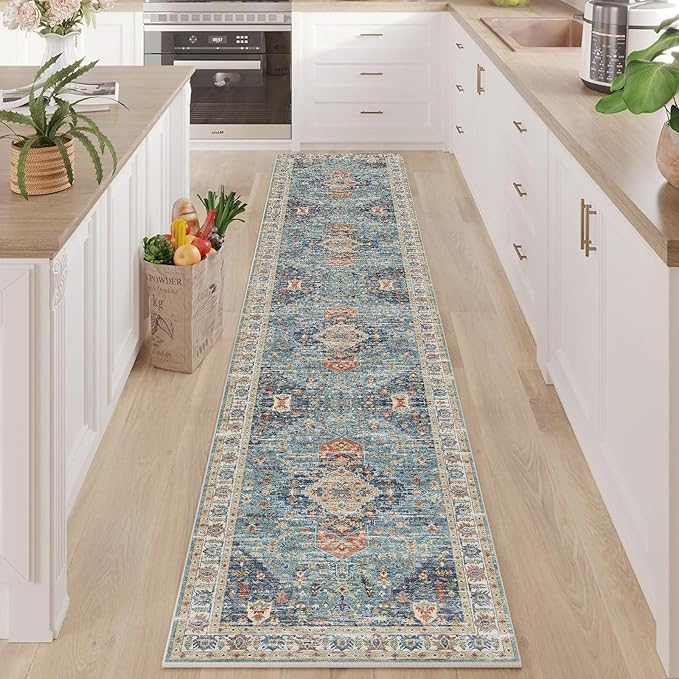 Enkor Runner Rugs for Hallway, 2x10 Washable Soft Non Slip Floor Rugs for Kitchen, Modern Mat for Living Room Bedroom Entryway Green & Blue