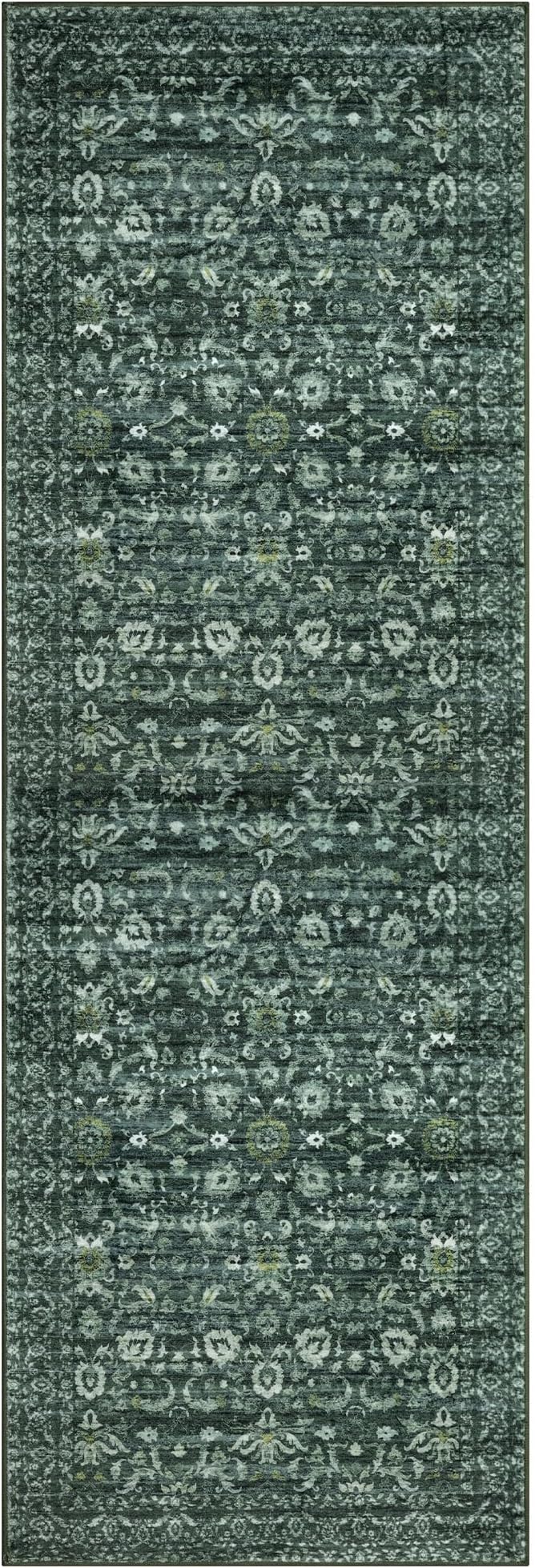 Runner Rug 2.6x14, Dark Green Washable Long Hallway Rug Runner Non-Slip Soft Kitchen Runner Thin Printed Faux Wool Super Soft Carpet for Entryway Bedroom Laundry Room Indoor Home Decor