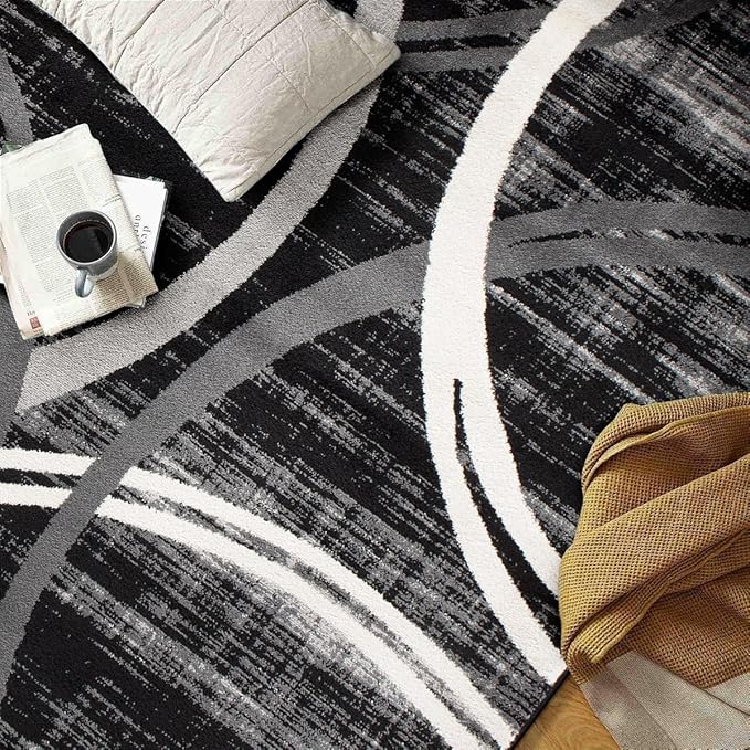 Rugshop Modern Wavy Circles Design Area Rug, Fade-Resistant Carpet for Entryway, Home Office, or Bedroom, Black, 3'3" x 5'