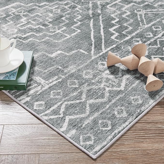jinchan Moroccan 8x10 Area Rugs for Living Room - Machine Washable Soft Modern Geometric Stain Resistant Ultra-Thin Low-Pile Large Rug Carpet for Bedroom Kitchen Dining Room(8x10ft, Dark Grey)