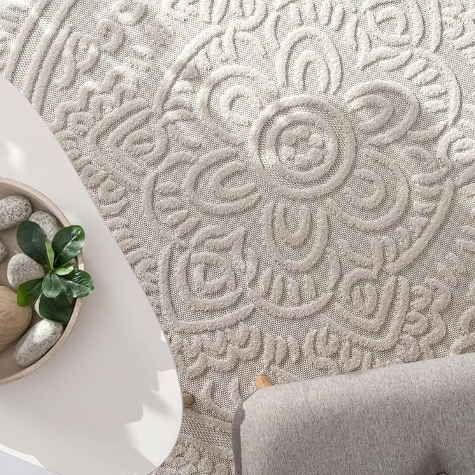 Paco Home Modern in- and Outdoor Rug with Carved Oriental Mandala Pattern in Cream, Size: 7'10" x 11'2"