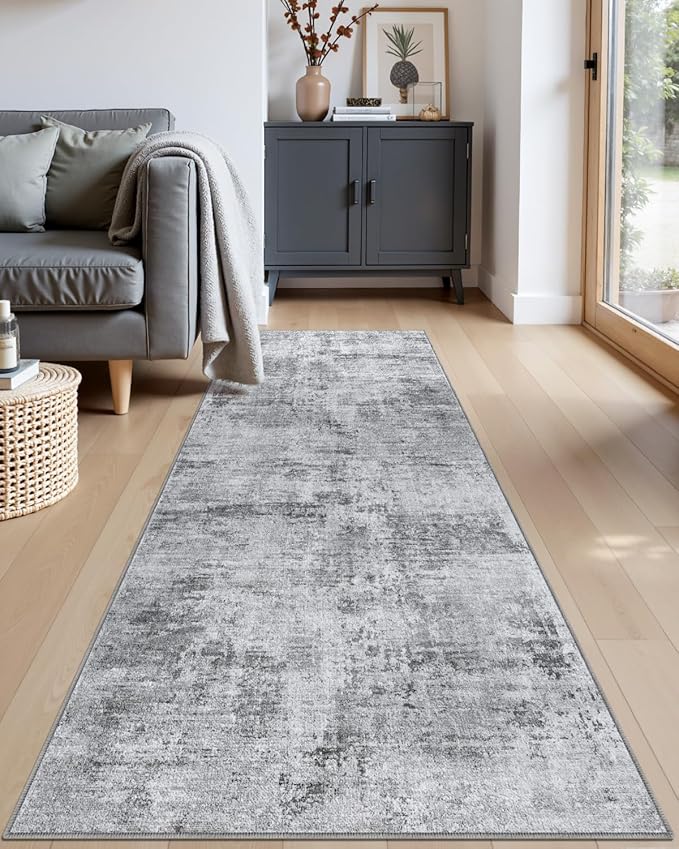 DEXI Hallway Runner Rug 3x12, Modern Abstract Non Slip Thin Soft Runners Carpet, Stain Resistant Washable Indoor Rug for Hallway Entryway Kitchen Laundry Room Living Room, Light Grey