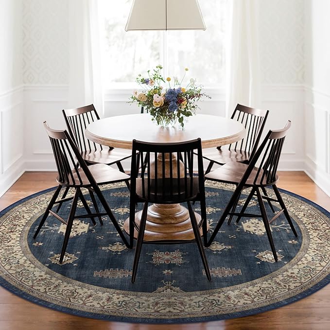 RUGGABLE Washable Vintage Area Rug – Verena Sapphire 8 ft Round, Stain-Resistant, Non-Slip – Large Machine Washable Rugs for Living Room, Bedroom, Hallway, Entryway & Office–with Standard Pad