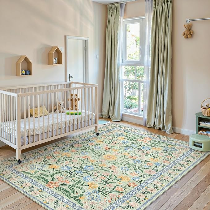 Lahome Sage Green 6x9 Bedroom Rugs, Boho Washable Rugs for Living Room, Soft Wool Carpet for Nursery, Vintage Low Pile Carpet for Kids Playroom Girls, Tea Green