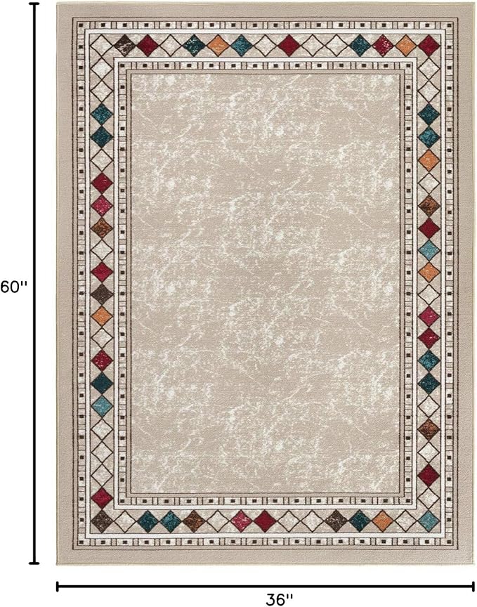 Antep Rugs Alfombras Modern Bordered 3x5 Non-Skid (Non-Slip) Low Profile Pile Rubber Backing Indoor Area Rugs (Beige, 3' x 5')