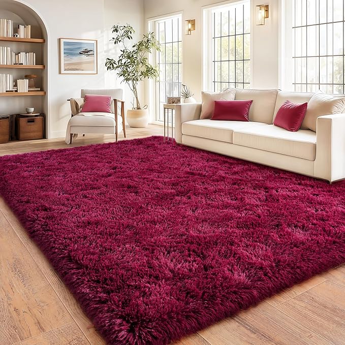 Burgundy Plush Rug for Living Room Fuzzy Carpet for Bedroom Dorm, Non-Slip High Pile Rug, Shag Rug for Playroom Nursery Home Office Decor 6X9 Ft