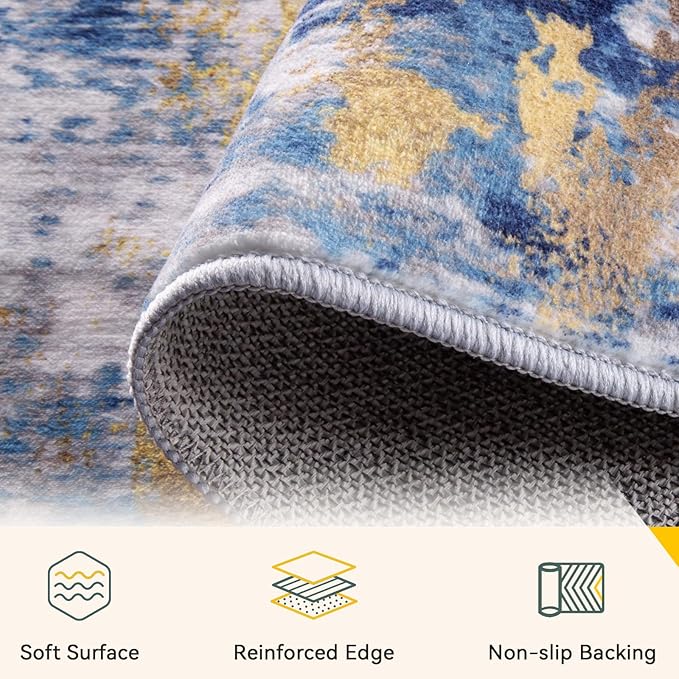 Washable Area Rugs 3'x5' Non-Slip Modern Abstract Soft for Living Room Entryway Bedroom Nursery, Print Pattern, Grey Blue Gold/Golden