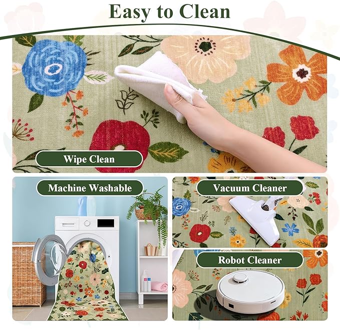 U'Artlines 2'x6' Boho Runner Rug for Hallways Kitchen Colorful Floral Soft Non Slip Washable Floor Carpet Runners for Entryway Laundry Room Bathroom Green