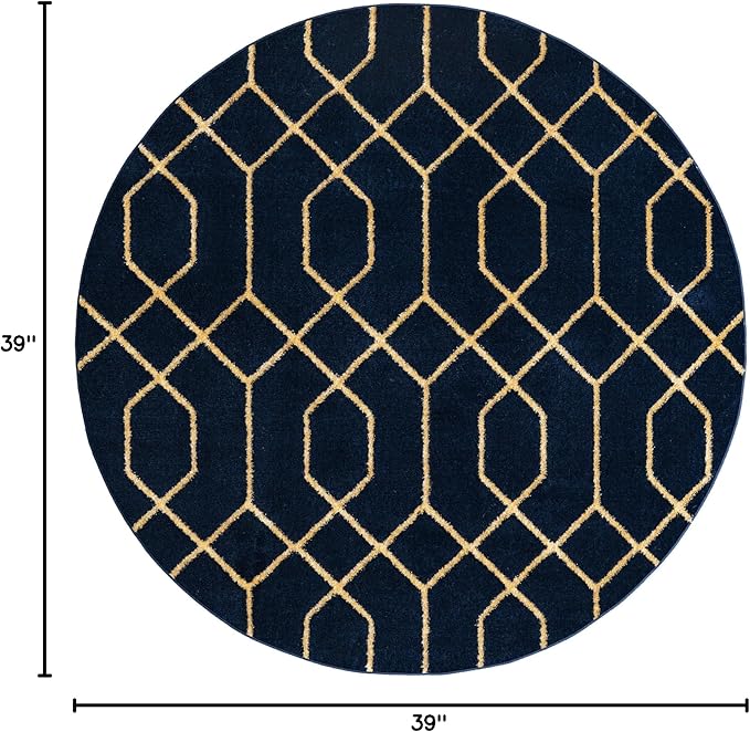 Unique Loom Glam Collection Area Rug - Trellis (3' 3' Round, Navy Blue Gold/ Gold)