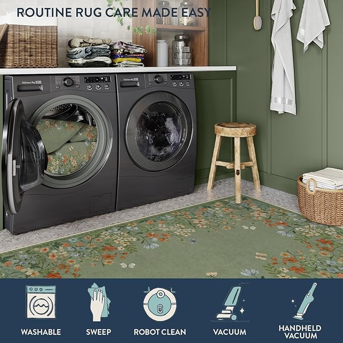 Lahome Boho Floral 3x5 Washable Rugs for Entryway Soft Rug for Bedroom,Green Kitchen Rugs Non Slip Washable,Indoor Carpet Throw Carpet for Bathroom Laundry Living Room Foyer(Green,3x5)