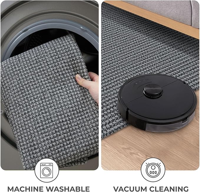 KOZYFLY Washable Area Rug 5x7 ft Rubber Backed Non Slip Rugs for Living Room Braided Cotton Bedroom Rug Woven Office Rugs Indoor Floor Carpets for Dining Bedroom Living Room, Grey/Dark Grey