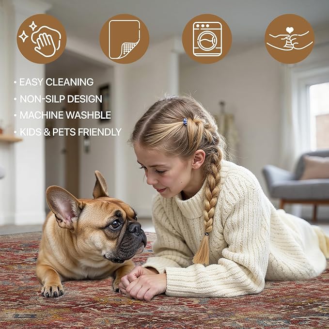 2x10 Runner Rug Machine Washable Boho Runners for Hallway,Ultra-Thin Low Pile Rug,Lightweight Indoor Carpet,Non Slip Floral Runners for Enrtyway, Corridor, Home Office, Kitchen,Burgundy Red