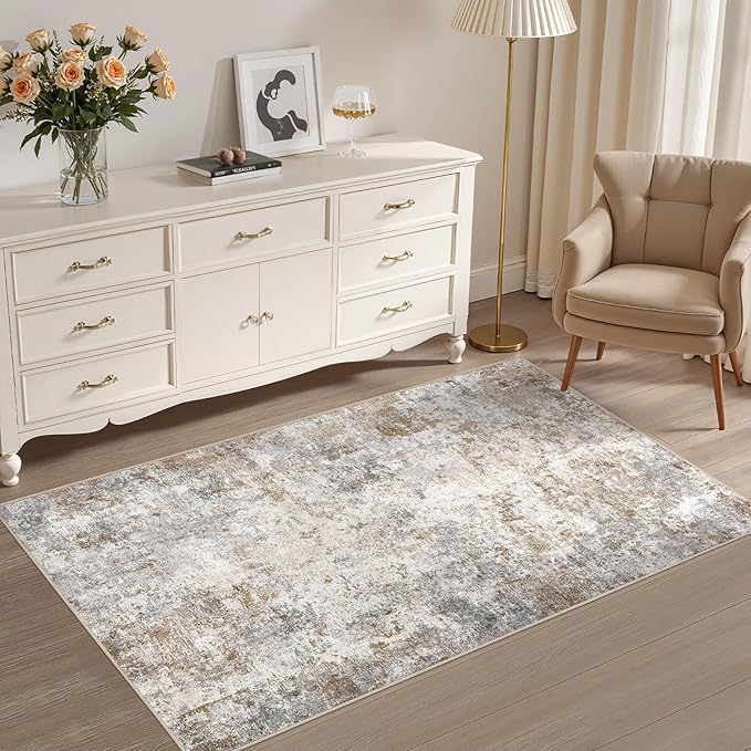 3x5 Area Rug Living Room Rugs - Washable Neutral Modern Abstract Soft Thin Rug Indoor Floor No Slip Rug Carpet for Bedroom Under Dining Table Home Office Decor - Brown Grey