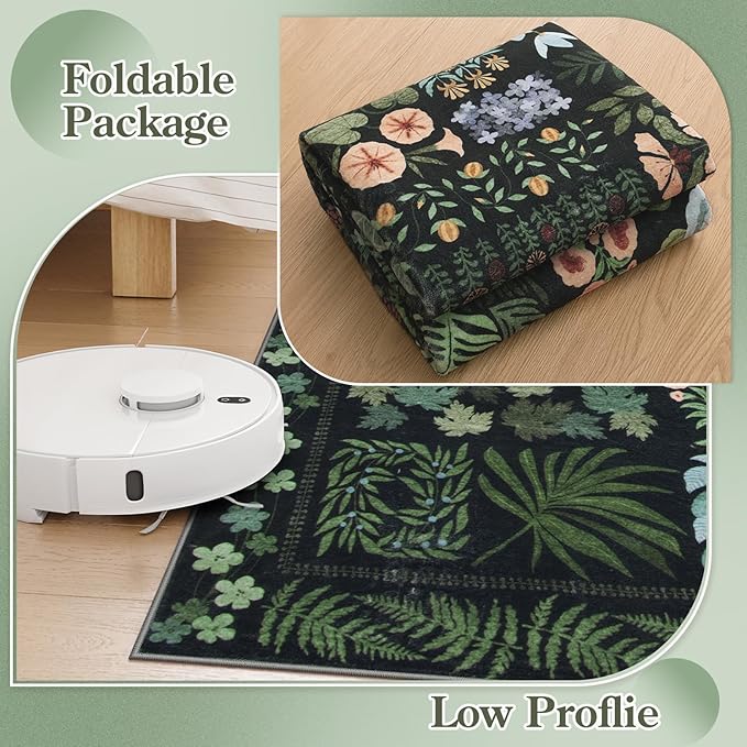 Floral Boho 3x5 Black Bathroom Entryway Kitchen Rug Non Slip Washable, Botanical Flower Area Rugs for Bedroom, Soft Modern Indoor Throw Carpet for Laundry Living Room Entrance (Black,3 x 5)