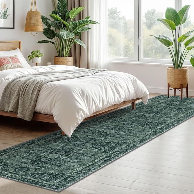 KOZYFLY Long Runners for Hallways 2x10 Ft Washable Kitchen Runner Rug Boho Style Entryway Rug Indoor Printed Faux Wool Stair Runner Carpet for Stairs Bedroom Kitchen Hall, Dark Green