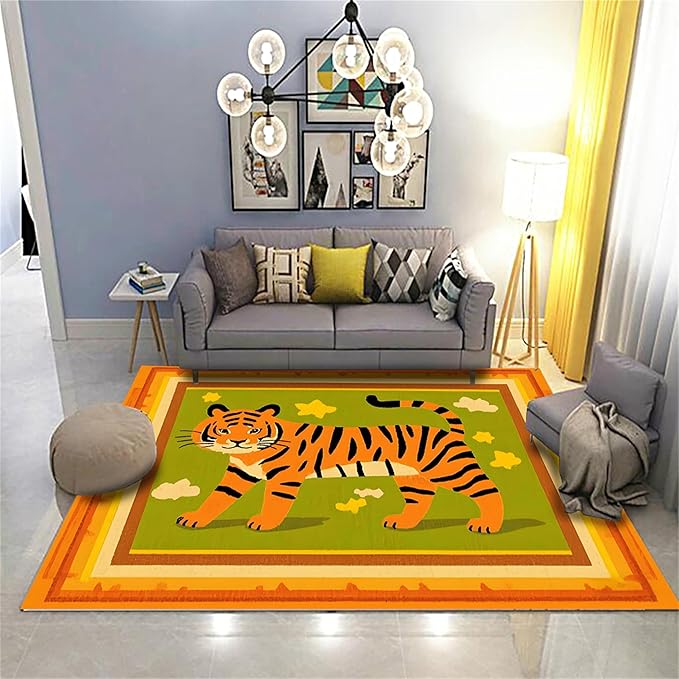 Tiger Rugs for Living Room，5x7ft,Modern Minimalist Style Orange Tiger Rug Suitable for Children's Room，Machine Washable Cute Tiger Rug for Boys and Girls Bedroom Farmhouse Restaurant