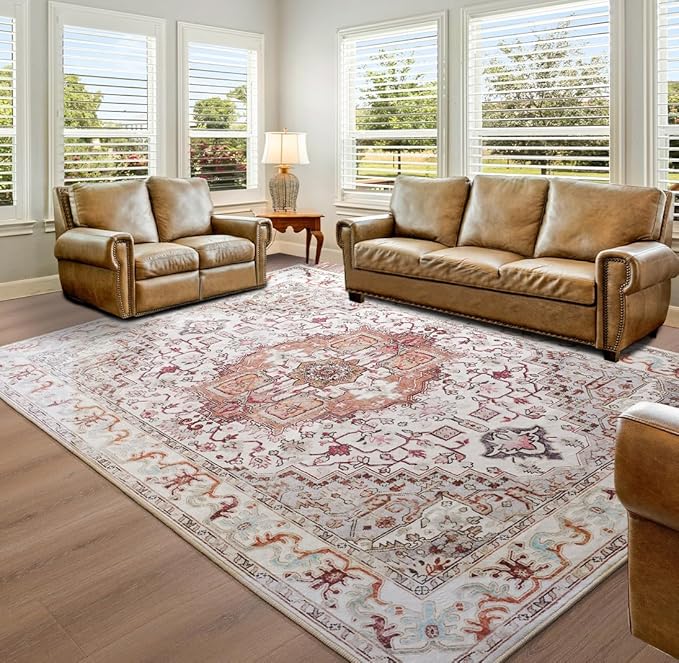 Runner Rug 2×6, Machine Washable Non-Slip Vintage Area Rug, Low Pile, Indoor Carpet Printed Floral Rugs for Living Room, Entryway, Kitchen, Bedroom,Beige
