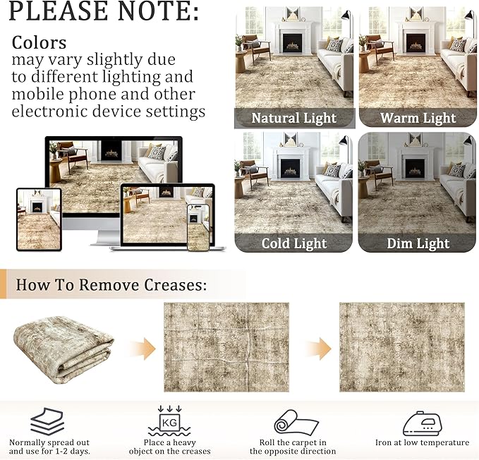 6x9 Machine Washable Area Rug for Living Room, Brown Modern Vintage Abstract Rug Large Non-Slip Low Pile Soft Faux Wool Carpet, Kids and Pets Friendly for Bedroom Dining Room Farmhouse Home Decor Rug