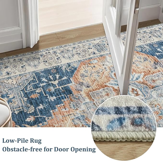 Area Rugs 5x7, Low Pile Washable Rugs, Soft Vintage Distressed Rugs for Bedroom, Living Room, Dining Room, Water Repellent, Non Shedding, Blue and Orange