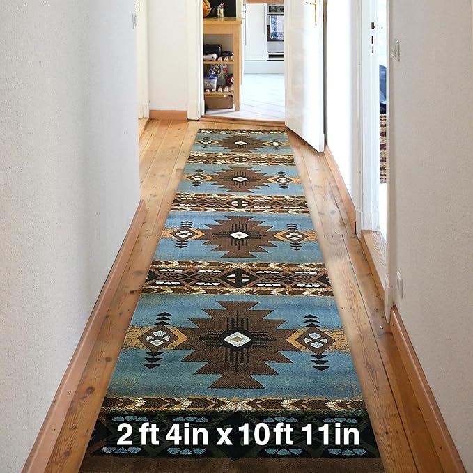 YHSF South West Native American Area Rug C318 - Easy Clean, Thick, Soft, Durable Native Tribal American Indian Inspired Rug for Bedroom/Living Room and More - Blue-Brown, 2 ft 4 in x 10 ft 11 in