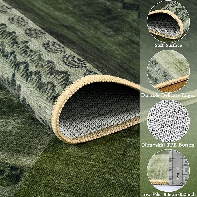DweIke Washable Area Rugs for Living Room, 4x6 Soft Bedroom Rugs, Geometric Print Non-Slip Modern Rug, Stain Resistant Throw Carpets for Office Nursery Dining Room Home Dorm Decor, Green