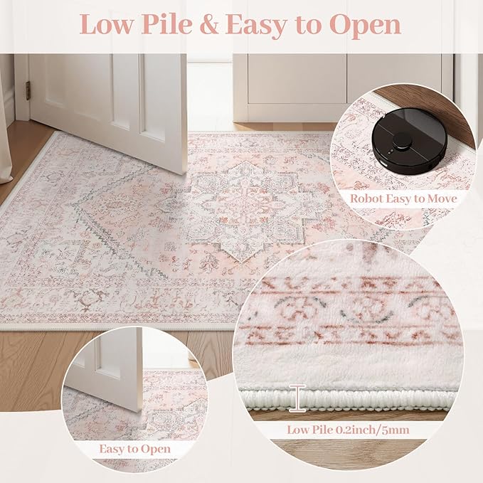 LIVEBOX Area Rug Pink 4x6 - Oriental Floral Bedroom Rug Vintage Low-Pile Indoor Rugs for Kids Room, Non-Shedding Retro Carpet, Accent Rugs for Kitchen Entryway Office Camper Pink