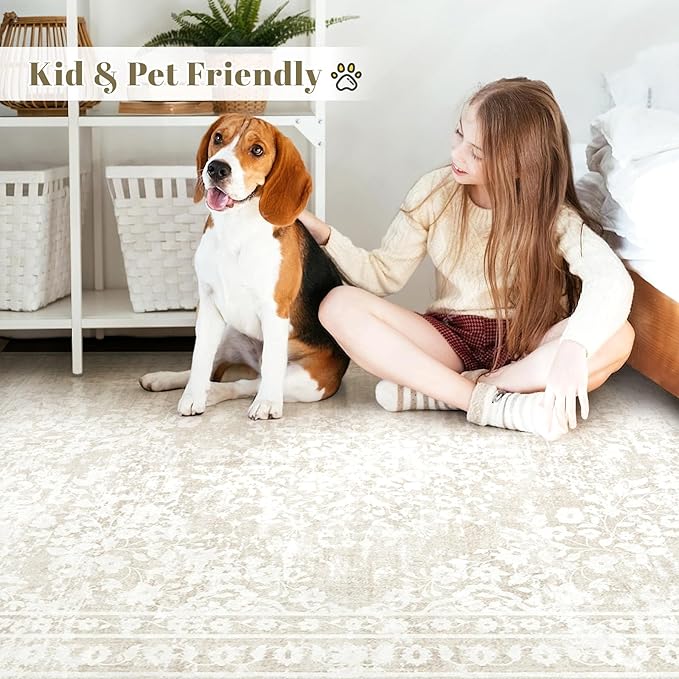 Vintage Living Room Area Rug - 8x10 Large Machine Washable Boho Area Rug Distressed Floral Rugs for Bedroom, Soft Non-Slip Indoor Floor Accent Rugs for Office Dining Room (Cream Beige, 8'x10')