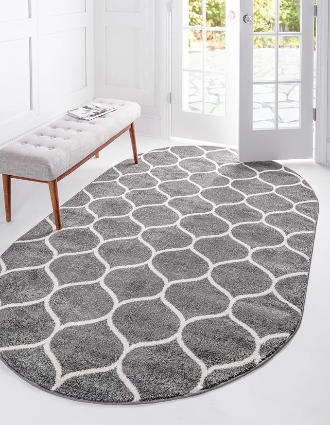 Rugs.com Lattice Frieze Collection Rug – 3' 3 x 5' 3 Oval Dark Gray Medium Rug Perfect for Living Rooms, Large Dining Rooms, Open Floorplans