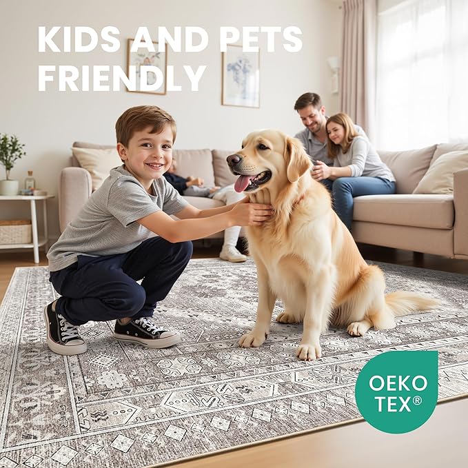 zesthome 5x8 Area Rugs - Ultra-Thin Washble Rug, Stain Resistant Anti Slip Backing Rugs for Living Room,Bedroom, Vintage Home Decor Area Rug (Brown/Beige,5'x8')