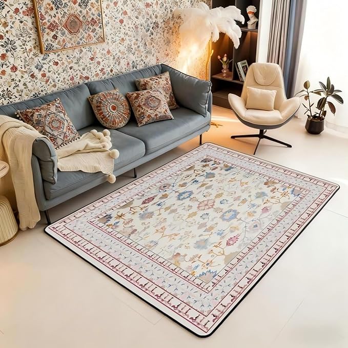 Boho 5x7 Area Rug Vintage Floral Living Room Rug | Art Deco Abstract Rugs for Bedroom, Retro Tribal Aesthetic Oriental Carpet Indoor Floor Mat