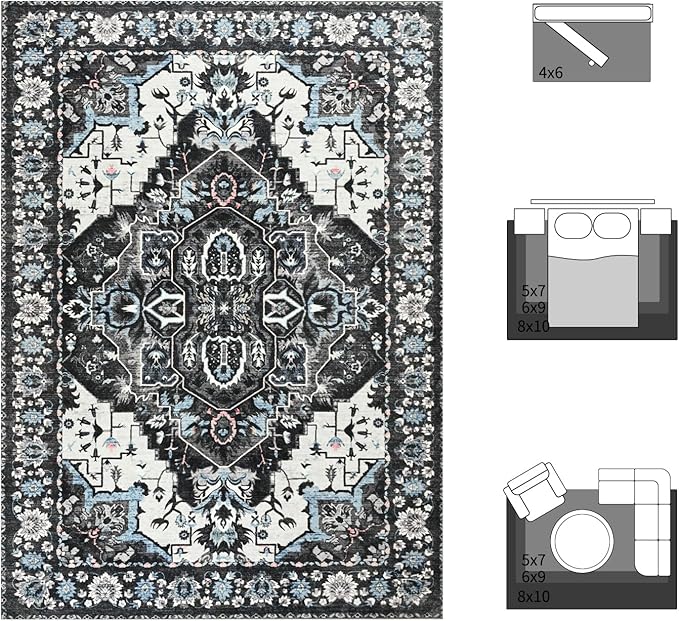 Beglad Area Rugs 4x6 for Living Room, Bedroom, Washable Vintage Rugs -Low Pile Soft Distressed Rugs for Kitchen, Dining Room, Non Shedding, Black and Blue