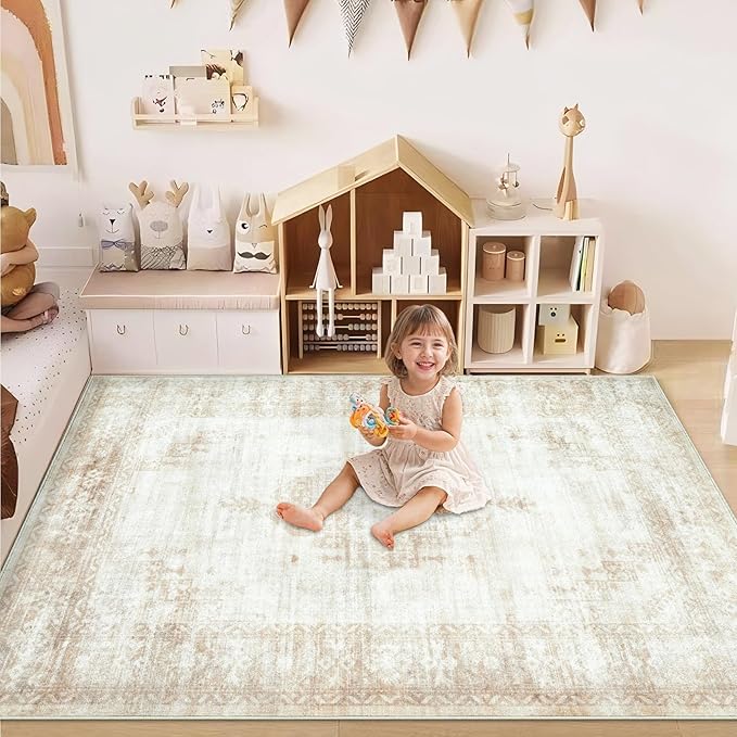 Vintage Living Room Area Rug - 5x7 Large Machine Washable Boho Moroccan Distressed Farmhouse Rugs for Bedroom - Soft Non-Slip Indoor Floor Accent Rugs for Office Dining Room (Beige, 5' x 7')