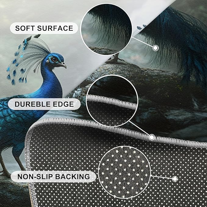 Peacock Rug 2x3-2x3 Rug, Peacock Couples Area Rugs for Bedroom, Nature Waterfall Rugs for Living Room, Animal Bird Washable Mat, Teal Turquoise Carpet - Peafowl Home Decor & Gifts