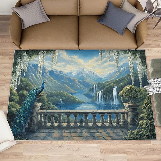 Peacock Rug Large - 8x10 Rug, Peacock Decor Washable Rugs for Living Room, Nature Waterfall Carpet, Natural Landscapes Non-Slip Area Rugs for Bedroom, Aesthetics Carpet - Peafowl Home Decor & Gifts