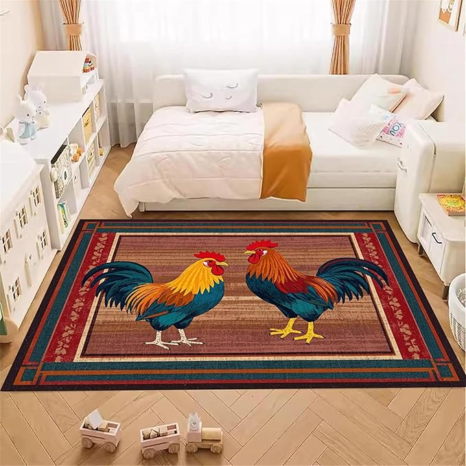 Rustic Rooster Area Rug，5x8ft,The Colorful Rooster Rug in A Farmhouse Style Adds Natural Vitality to Your Home，Soft and Comfortable Easy to Clean Carpet Suitable for Living Room Bedroom Kitchen