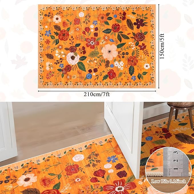 U'Artlines 5x7ft Fall Floral Area Rug, Machine Washable Ultra Soft Low Pile Non Slip Non Shedding Accent Floor Carpet for Living Room, Bedroom, Dining Room, Office (Orange)
