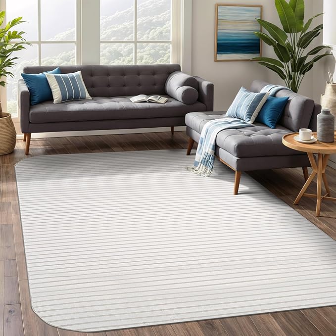 Beverly Rug Modern Geometric Area Rug 4x6 Low-High Pile Durable Soft Abstract Striped Indoor Rugs for Living Dining Room Office Stain Resistant Non Shedding Casual Indoor Carpet Beige White 4 x 6