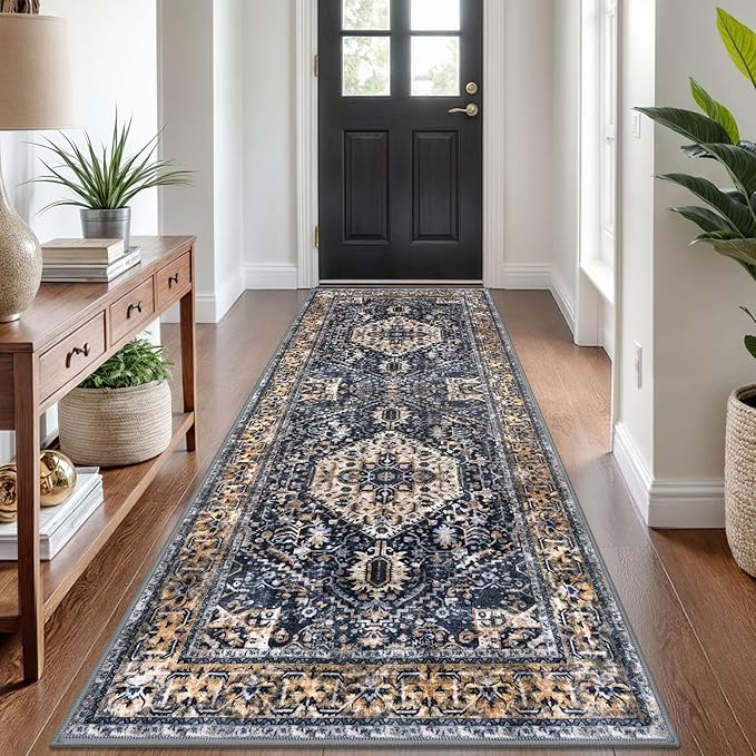 KOZYFLY Runners for Hallways 3x8 Ft Washable Kitchen Runner Rug Boho Runner Rug for Entryway Indoor Gold Navy Printed Oriental Faux Wool Floor Carpet Runner for Bedroom Kitchen Hall