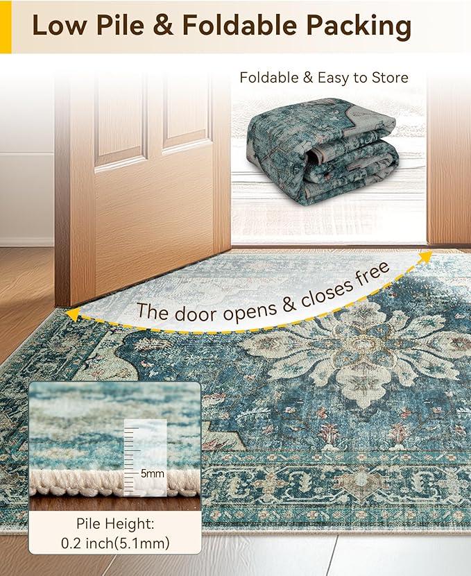 Area Rugs 7'x10' Washable Non-Slip, Floral Vintage Distress Print Pattern Medallion Carpet for Living Room Bedroom Dining Room, Dark Blue Vintage