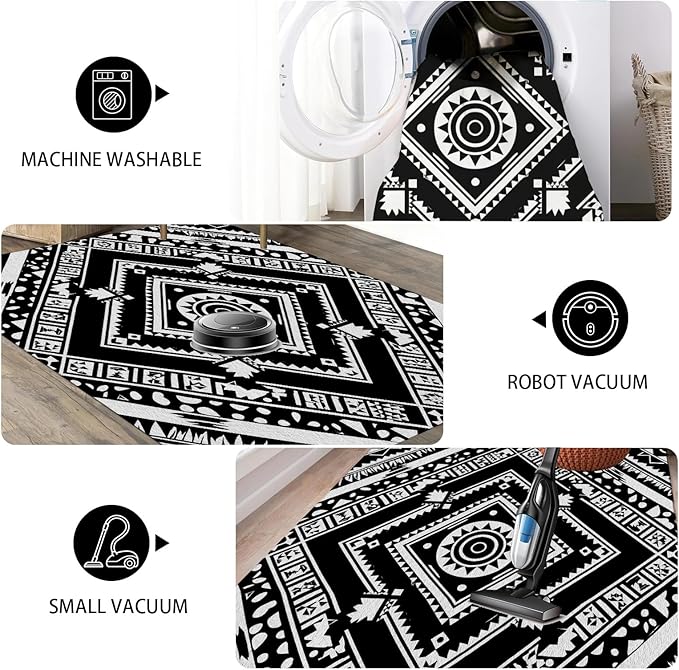 Area Rugs for Living Room 8x10, Moroccan Washable Low Pile Rug, Boho Neutral Farmhouse Ultra Soft Carpet for Bedroom Dining Room Home Decor, Geometric Print Tribal Carpets Black and White
