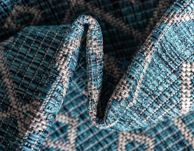 Unique Loom Outdoor Trellis Collection Area Rug - Tribal Trellis (10' x 14' 1" Rectangle, Teal/ Ivory)