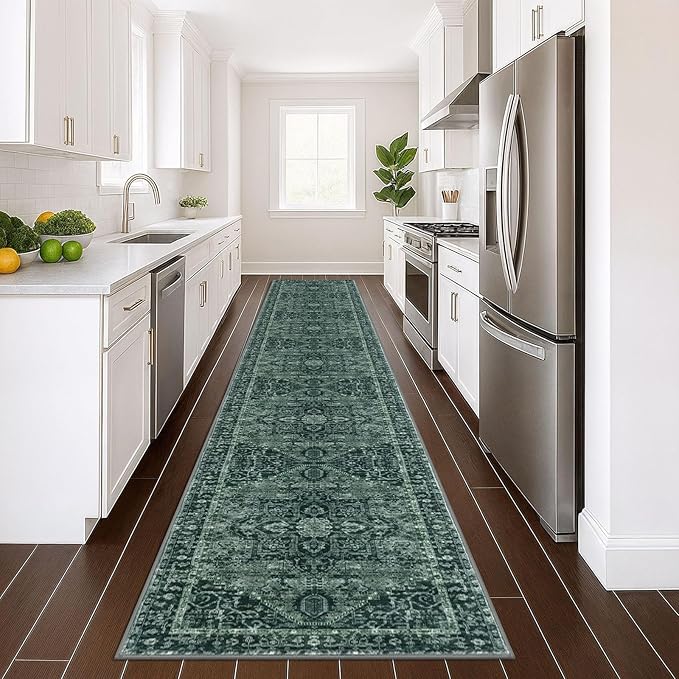 KOZYFLY Runners for Hallways 3x16 Ft Extra Long Washable Faux Wool Thin Hallway Rug Printed Carpet for Entryway Bedroom Staircase Kitchen Laundry Room Floor Decor, Dark Green
