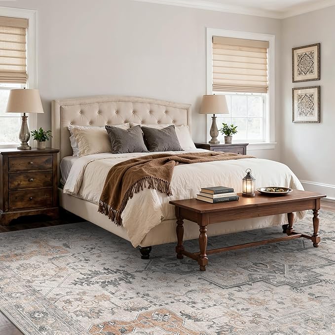 10x14 Area Rugs for Living Room, Non Slip Machine Washable Vintage Rugs, Low Pile Lightweight Print Large Rug for Bedroom, Dining Room, Home Office, Light Taupe Brown