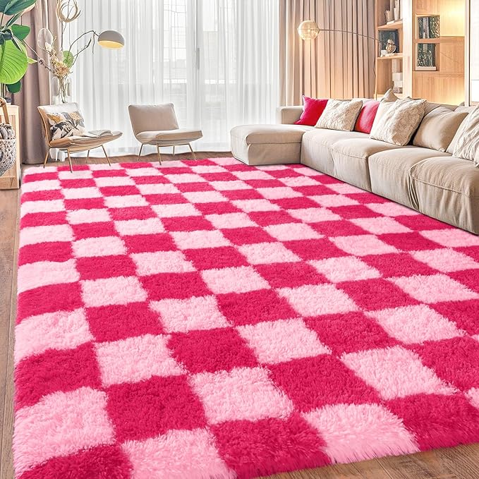 Area Rugs for Living Room, Soft Shaggy Carpets for Living Room, Fuzzy Rugs for Kids' Room, Perfect Decor for Modern Home Hot Pink Grid 9x12 Feet