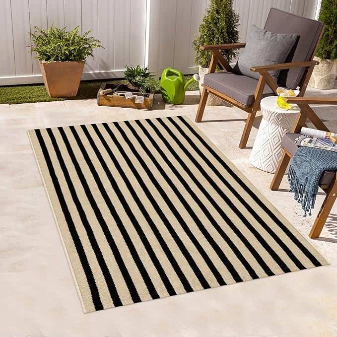 Outdoor Striped Rugs 3'x5', Black and Tan Cotton Hand Woven Front Door Mat,Washable Reversible Front Porch Rug, Foldable Layered Door Mats for Entryway/Home Entrance/Farmhouse
