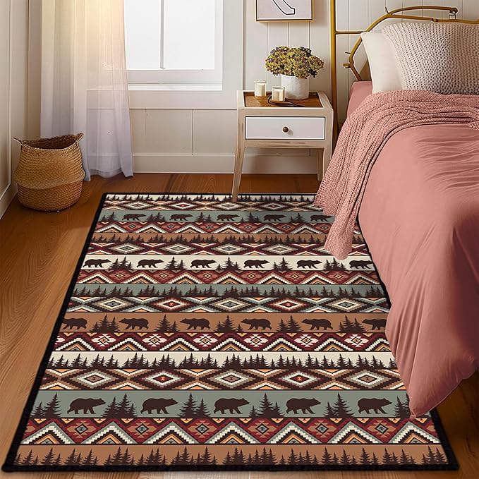 Rustic Cabin Wildlife Area Rug 5x7 Living Room Rug,Bear Moose Deer Country,Vintage Throw Rugs Carpet for Dining Room Washable Bedroom Rug Non Slip Floor Carpets for Office,Kids Playroom