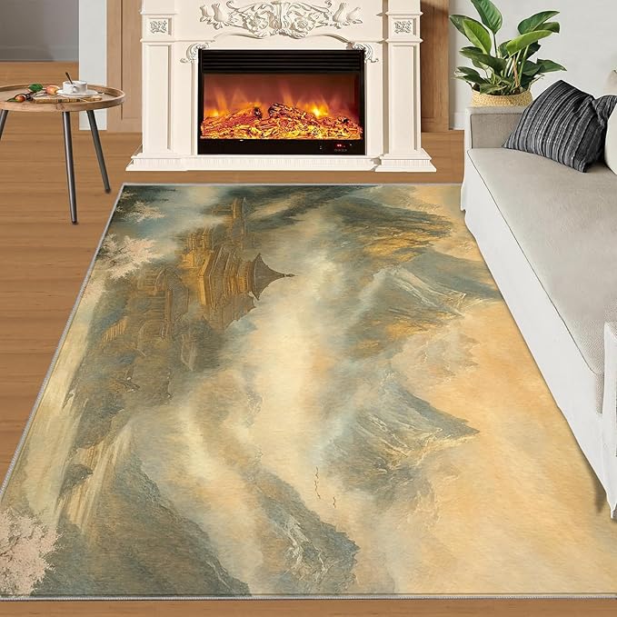 Misty Peaks Rugs for Bedroom - 6x8 Area Rug - Classic Fairy Palace Rugs for Living Room, Fairy Forest Rug, Washable Home Decor Carpet